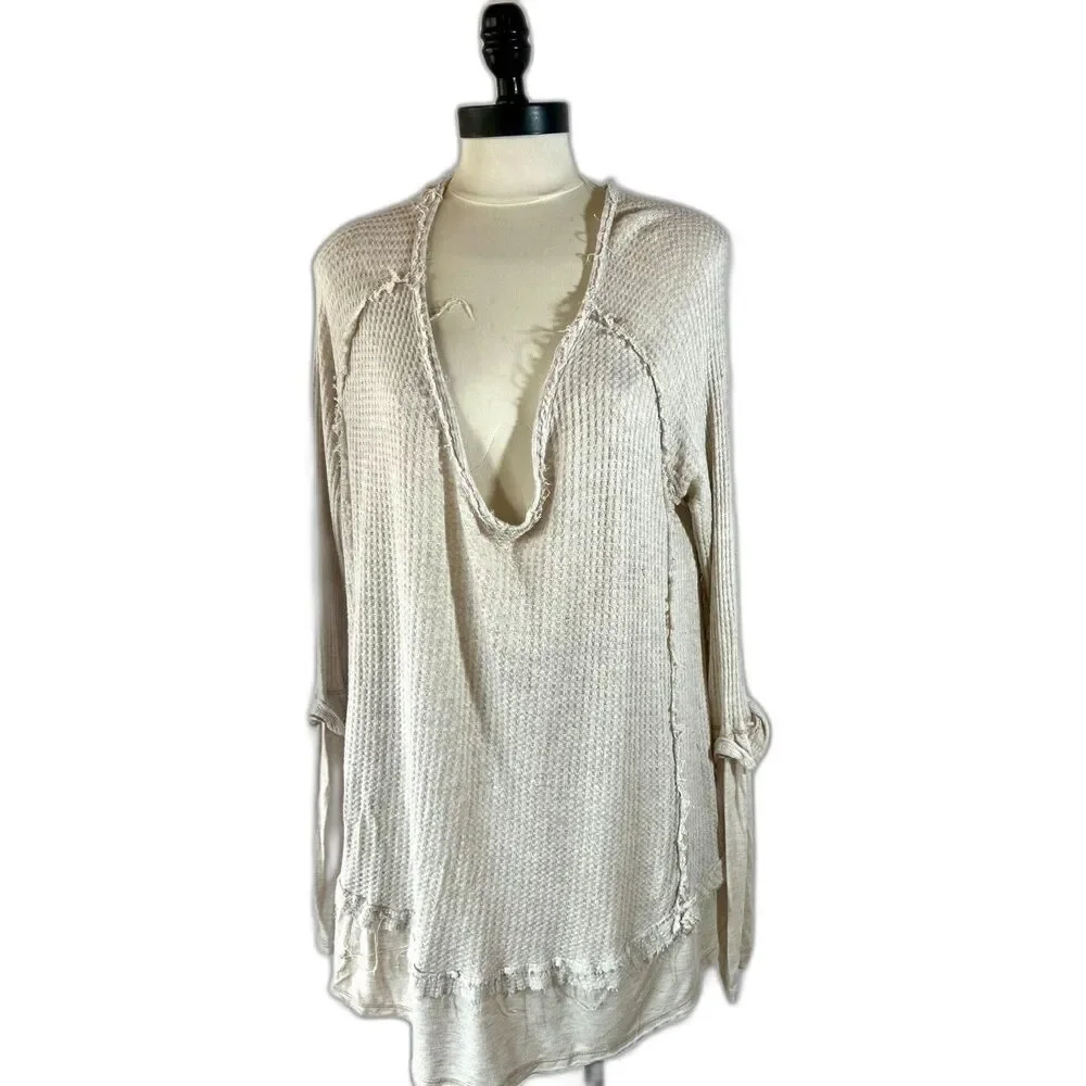 Free People We the Free Laguna Thermal Tunic Raw Edge Frayed Oversized Sz M